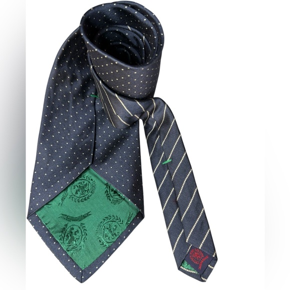 Tommy Hilfiger Italian Silk Tie Navy White Dots Two Tone Navy with White Stripes - Picture 2 of 7